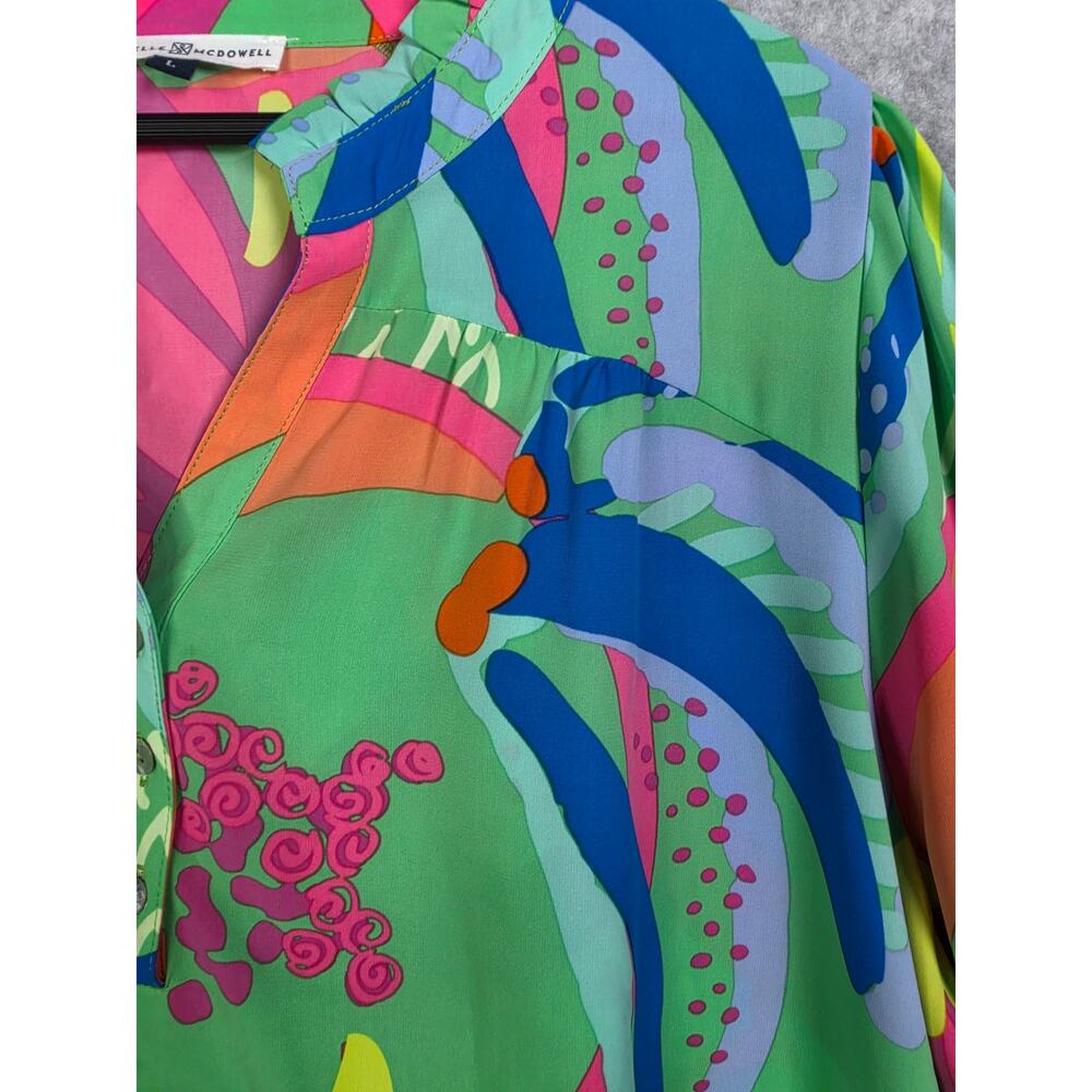 Michelle McDowell Colorful Floral Popover Puff Sleeve Top Sz L Green Office Bold - Picture 7 of 16